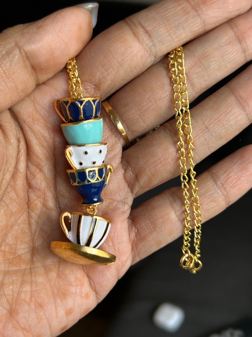 Gold-Tone Stacked Teacup Pendant Necklace in Navy & Turquoise